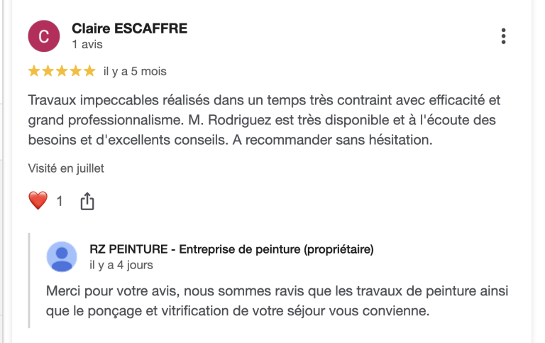 Retours clients Google – travaux de peinture intérieure à Versailles