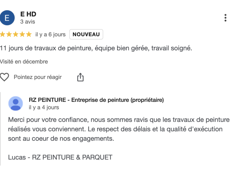 Avis Google clients RZ Peinture et Parquet à Versailles